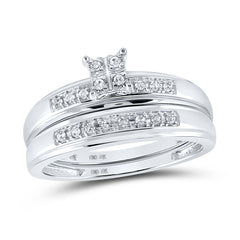 10kt White Gold His & Hers Round Diamond Square Cluster Matching Bridal Wedding Ring Band Set 1/5 Cttw