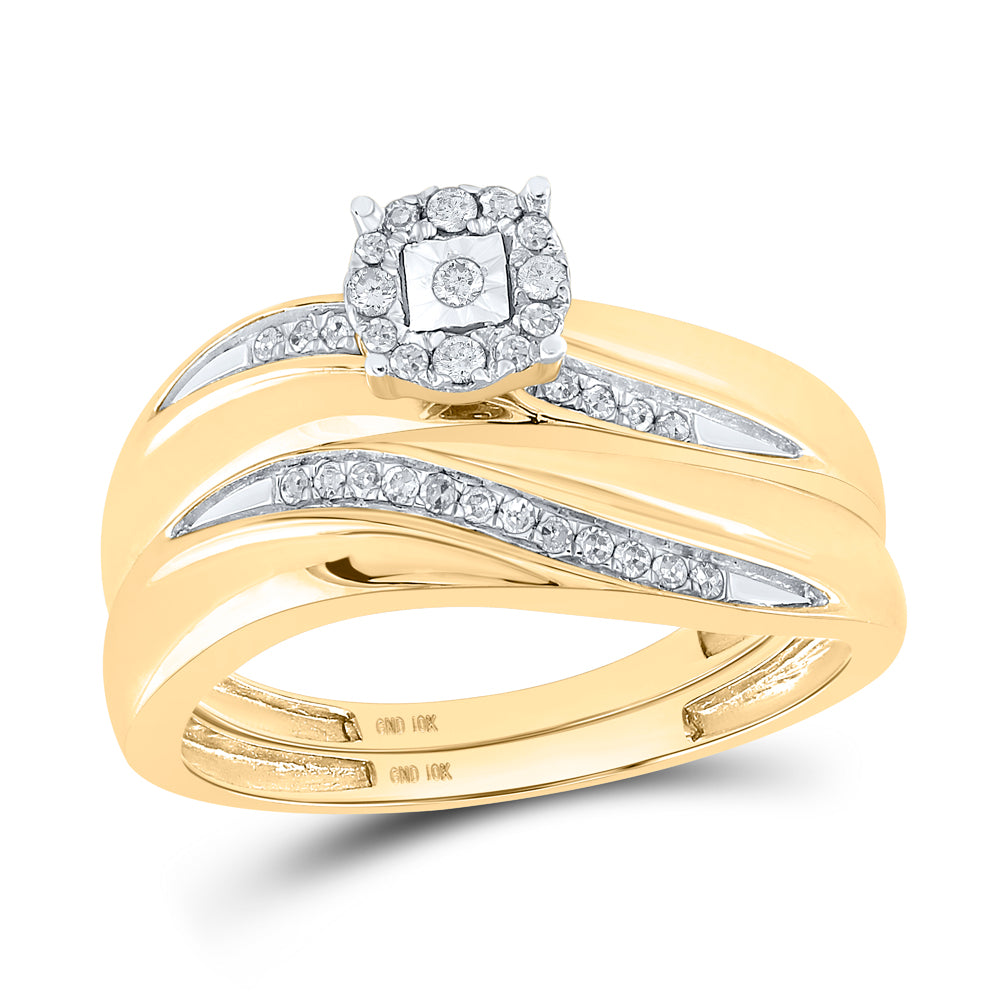 10kt Yellow Gold His & Hers Round Diamond Solitaire Matching Bridal Wedding Ring Band Set 1/5 Cttw