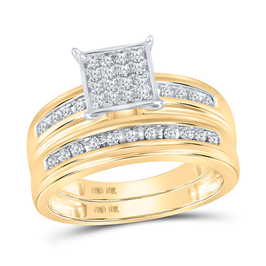 10kt Yellow Gold His & Hers Round Diamond Square Cluster Matching Bridal Wedding Ring Band Set 1/2 Cttw