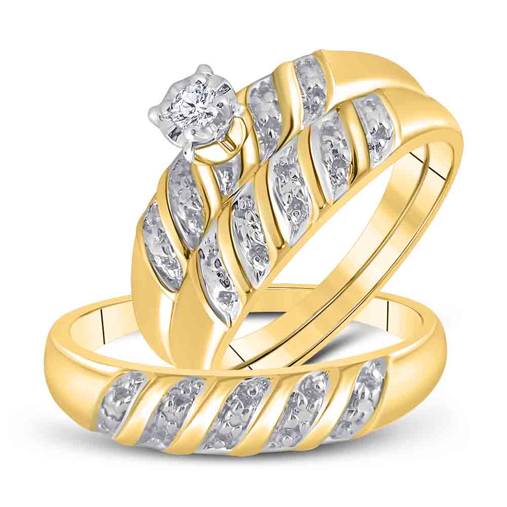 14kt Yellow Gold His Hers Round Diamond Solitaire Matching Bridal Wedding Ring Band Set 1/20 Cttw