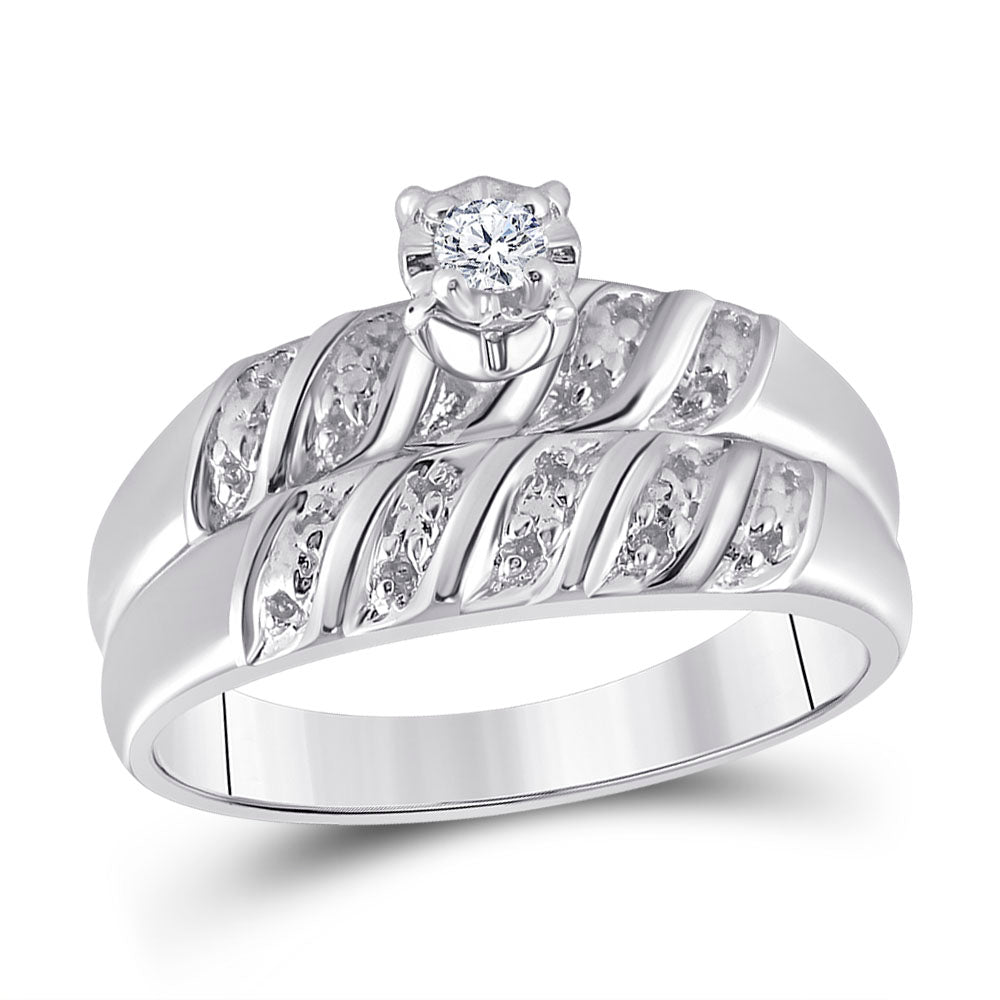 10kt White Gold His Hers Round Diamond Solitaire Matching Bridal Wedding Ring Band Set 1/20 Cttw