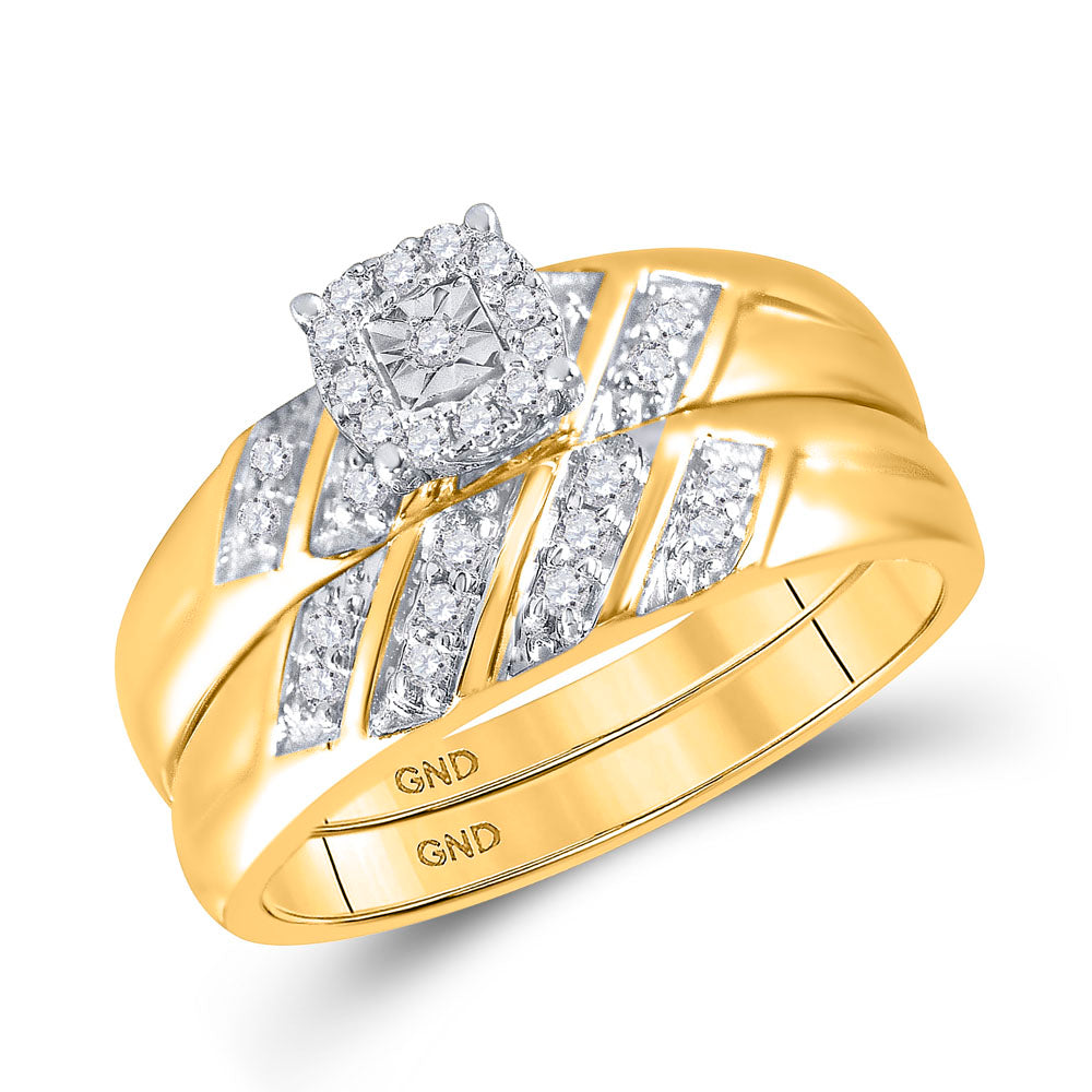 10kt Yellow Gold His & Hers Round Diamond Solitaire Matching Bridal Wedding Ring Band Set 1/4 Cttw