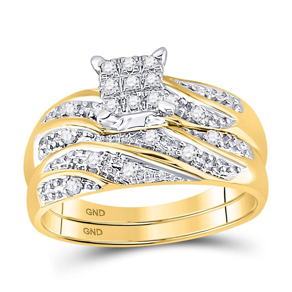 14kt Yellow Gold His & Hers Round Diamond Cluster Matching Bridal Wedding Ring Band Set 1/3 Cttw