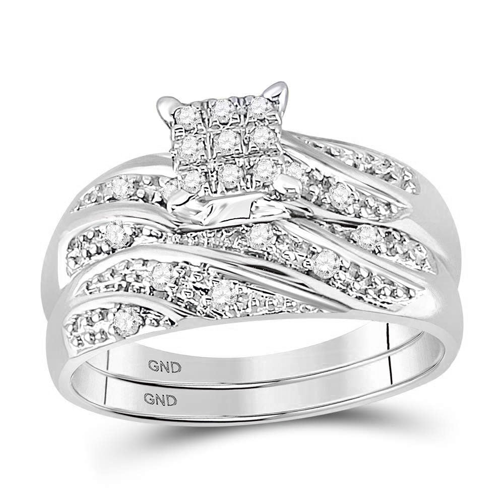 14kt White Gold His & Hers Round Diamond Cluster Matching Bridal Wedding Ring Band Set 1/3 Cttw