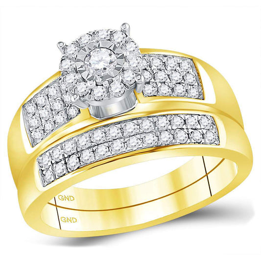 14kt Yellow Gold His & Hers Round Diamond Solitaire Matching Bridal Wedding Ring Band Set 7/8 Cttw