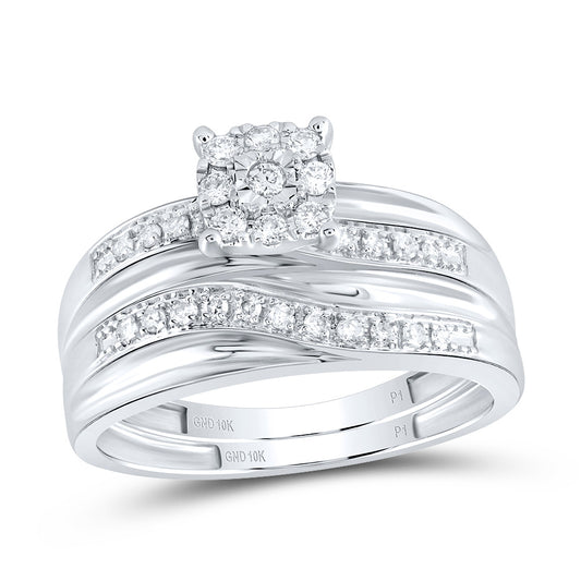 10kt White Gold His & Hers Round Diamond Solitaire Matching Bridal Wedding Ring Band Set 1/3 Cttw