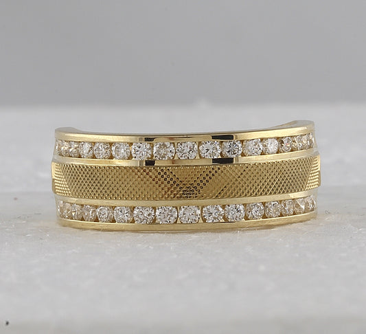 14kt Yellow Gold Mens Round Diamond Double Row Textured Wedding Band Ring 1.00 Cttw