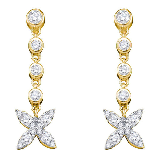 10kt Yellow Gold Womens Round Diamond Flower Cluster Dangle Earrings 3/4 Cttw