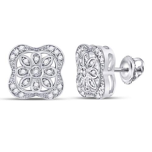 Sterling Silver Womens Round Diamond Flower Fashion Earrings 1/8 Cttw