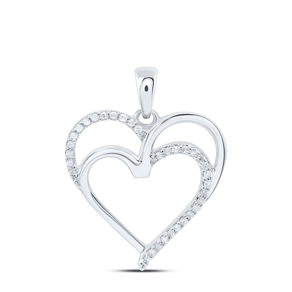 Sterling Silver Womens Round Diamond Double Heart Pendant 1/10 Cttw