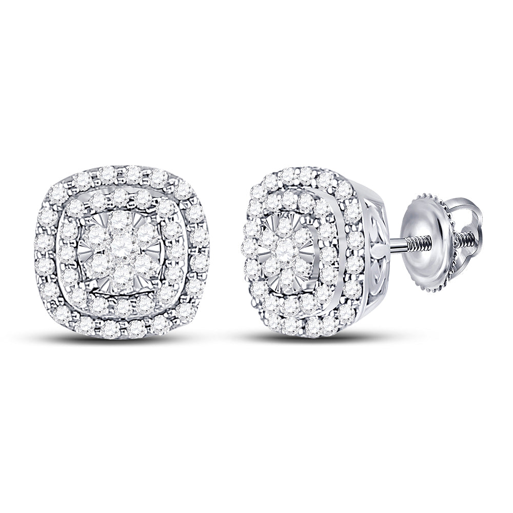 14kt White Gold Womens Round Diamond Cushion Halo Cluster Earrings 1/2 Cttw