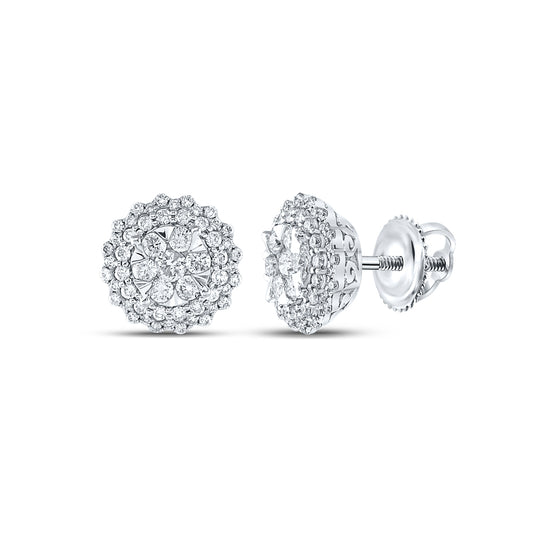 14kt White Gold Womens Round Diamond Halo Cluster Earrings 1.00 Cttw