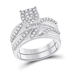 10kt White Gold His Hers Round Diamond Cluster Matching Bridal Wedding Ring Band Set 1.00 Cttw