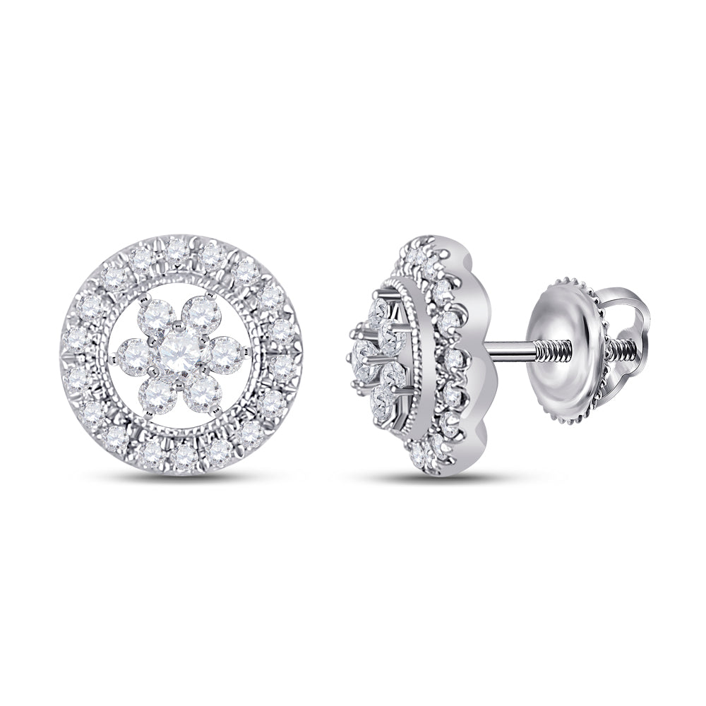 14kt White Gold Womens Round Diamond Floral Cluster Earrings 3/8 Cttw