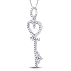 10kt White Gold Womens Round Diamond Key Heart Pendant 1/5 Cttw