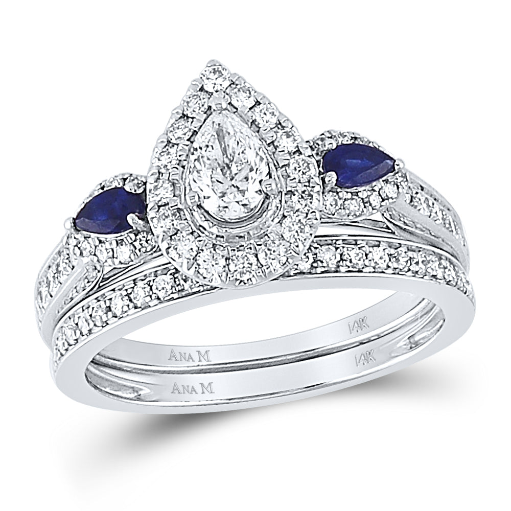 14kt White Gold Womens Pear Diamond Sapphire Bridal Wedding Engagement Ring Band Set 1 Ctw (Certified)