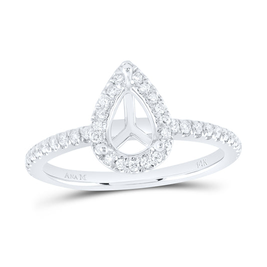 14kt White Gold Womens Round Diamond 1 Ct Pear Center Halo Bridal Wedding Semi-Mount Ring 3/8 Cttw