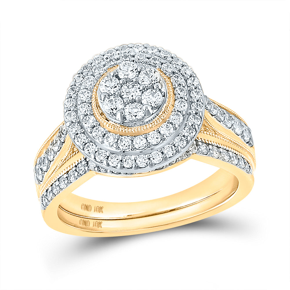 10kt Yellow Gold His Hers Round Diamond Cluster Matching Bridal Wedding Ring Band Set 1-1/4 Cttw