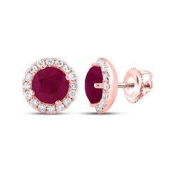 14kt Rose Gold Womens Round Ruby Solitaire Halo Earrings 1-1/3 Cttw