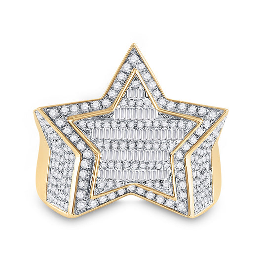 10kt Yellow Gold Mens Baguette Diamond Statement Star Ring 1-1/4 Cttw