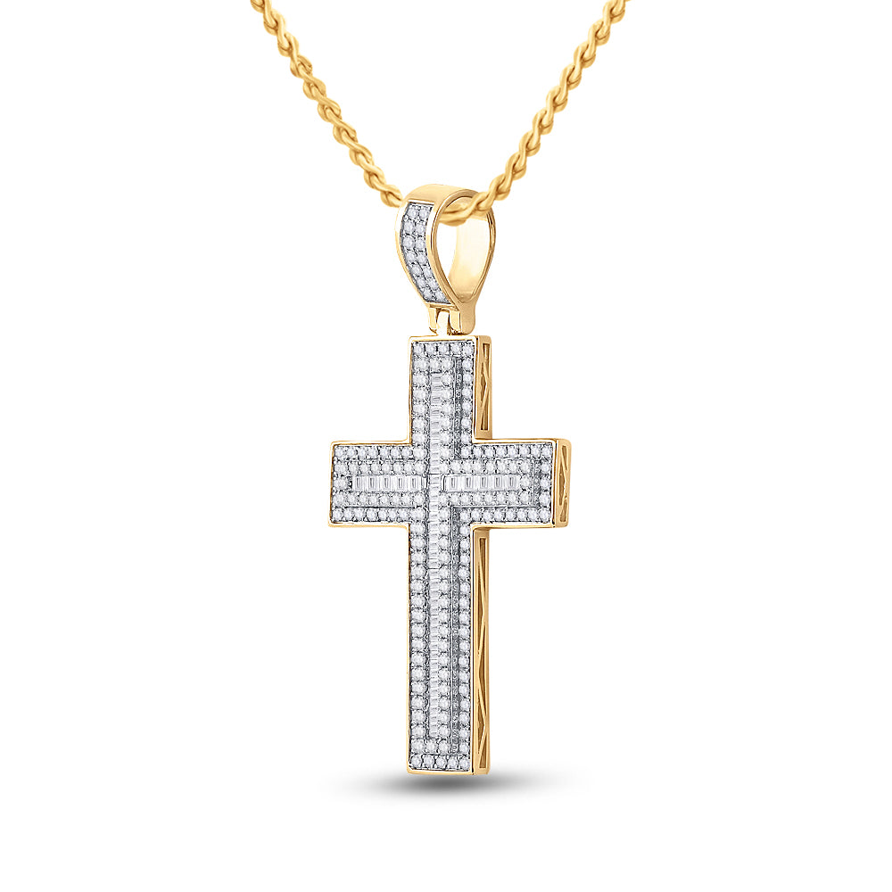 10kt Yellow Gold Mens Baguette Diamond Cross Charm Pendant 2-3/4 Cttw