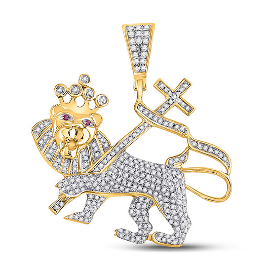 10kt Yellow Gold Mens Round Diamond Lion Cross Banner Charm Pendant 7/8 Cttw