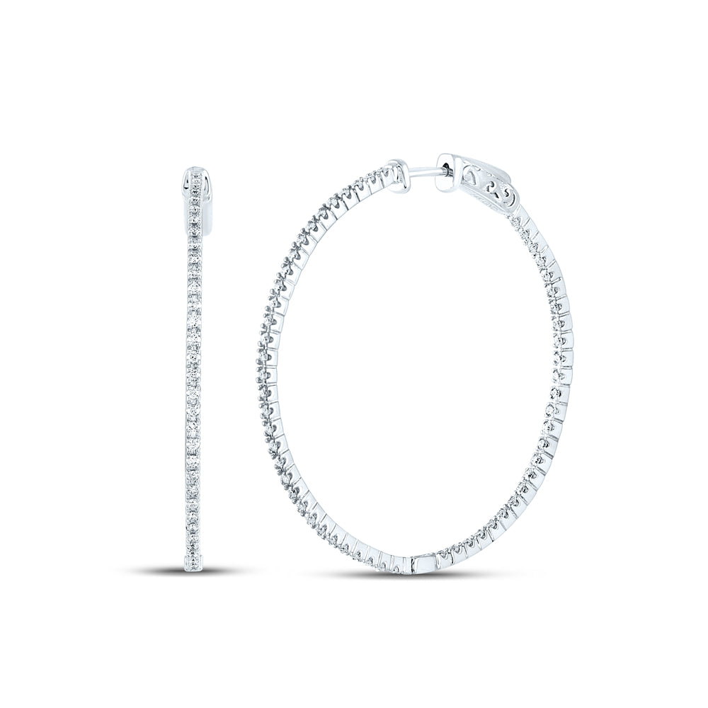 14kt White Gold Womens Round Diamond Inside-Outside Hoop Earrings 7/8 Cttw