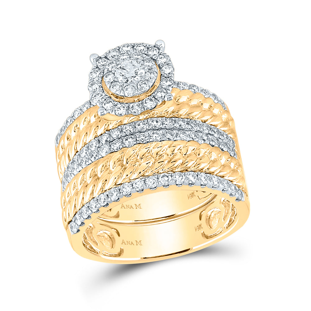 14kt Yellow Gold His Hers Round Diamond Halo Matching Bridal Wedding Ring Band Set 2.00 Cttw