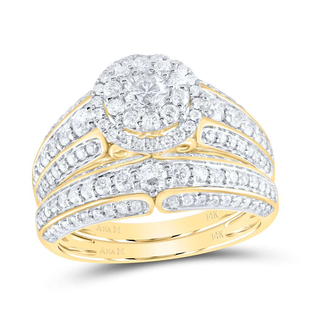 14kt Yellow Gold His Hers Round Diamond Halo Matching Bridal Wedding Ring Band Set 2-1/3 Cttw (Certified)