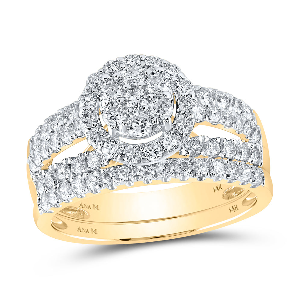 14kt Yellow Gold His Hers Round Diamond Cluster Matching Bridal Wedding Ring Band Set 1-3/4 Cttw