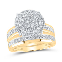 14kt Yellow Gold His Hers Round Diamond Cluster Matching Bridal Wedding Ring Band Set 1-7/8 Cttw