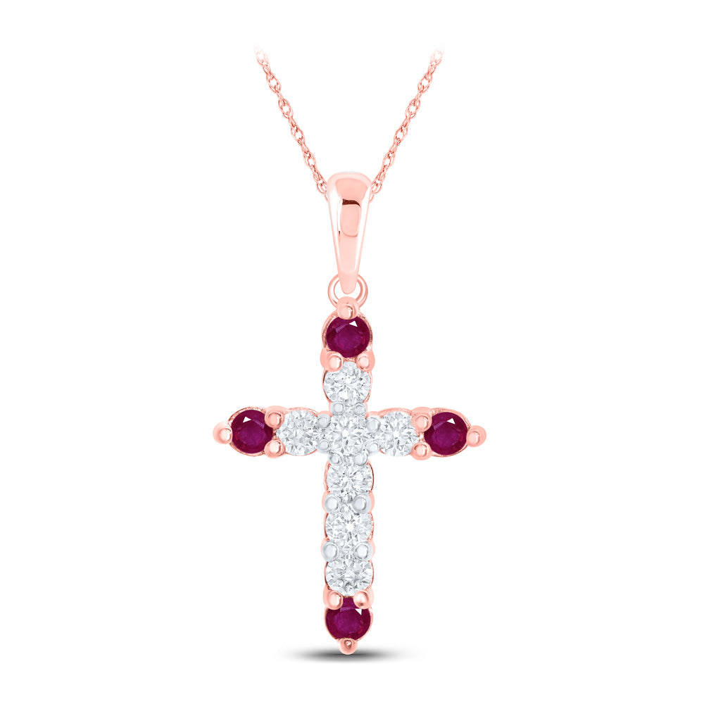 1/6CTW-DIA NK 1/10CT-RUBY NATURAL GEM CROSS PENDANT