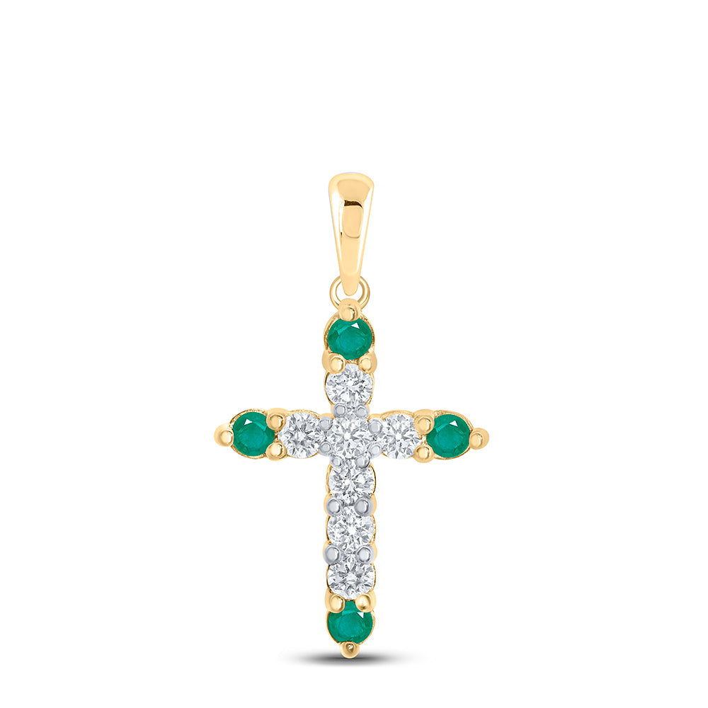 1/3CTW-DIA NK 1/8CT-EME NATURAL GEM CROSS PENDANT