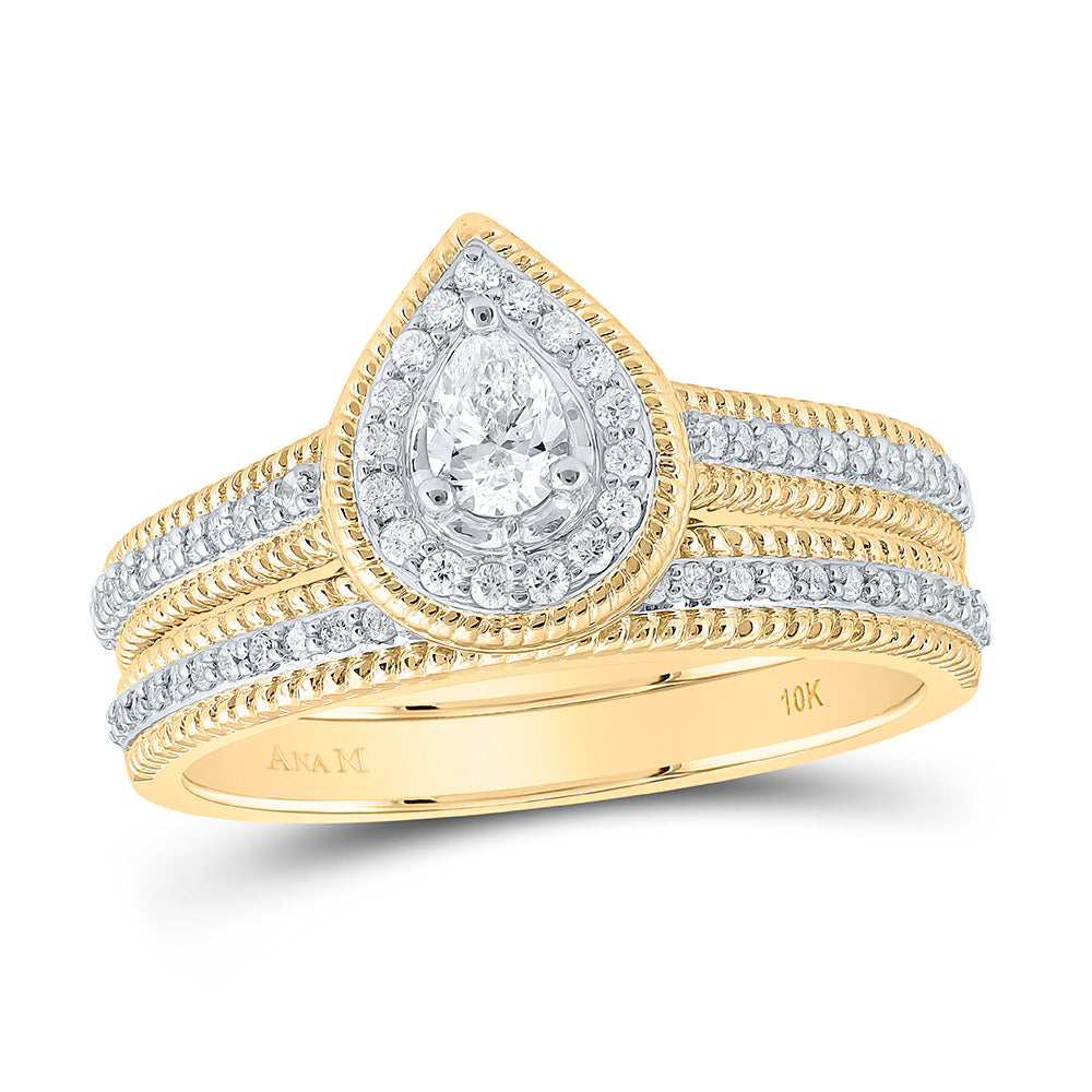 10k Yellow Gold Pear Diamond Halo Bridal Wedding Ring Set 1/2 Cttw (Certified)