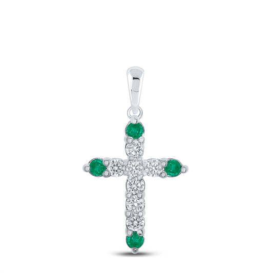 1/6CTW-DIA NK 1/20CT-EME NATURAL GEM CROSS PENDANT