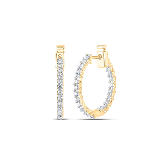 14k Yellow Gold Round Diamond Inside Outside Hoop Earrings 3/4 Cttw