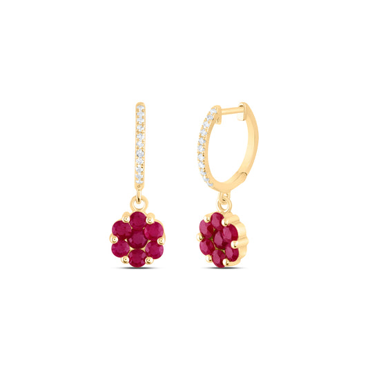 1/10CTW-DIA ANA M 1 3/8CTW RD-RU NAT GEM FLOWER DANGLING EARRING