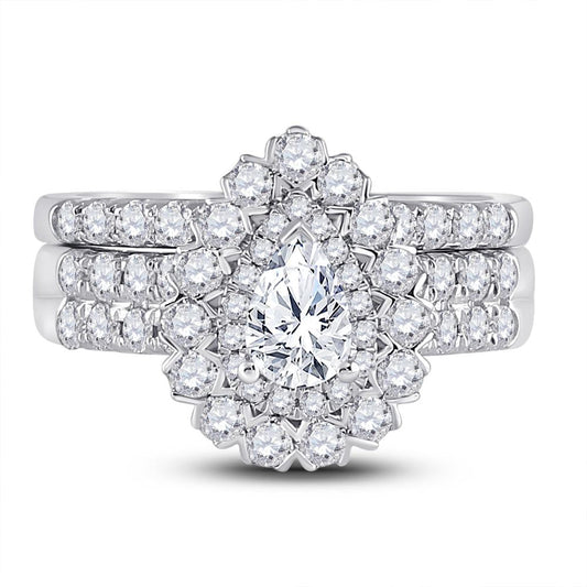14kt White Gold Pear Diamond Bridal Wedding Ring Band Set 1-7/8 Cttw