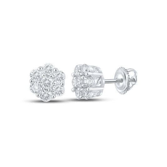 10kt White Gold Mens Round Diamond Flower Cluster Earrings 1/2 Cttw